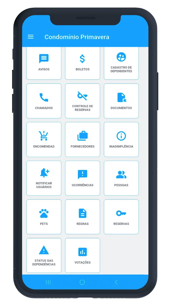 Tela de funcionalidades do app